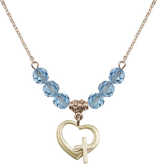 18" Hamilton Gold Plated Necklace with 4mm Aqua Crystal Beads featuring a 14kt Gold Filled Heart / Cross Medal.