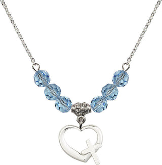 18" Rhodium Plated Necklace with 4mm Aqua Crystal Beads featuring a Sterling Silver Heart / Cross Medal.