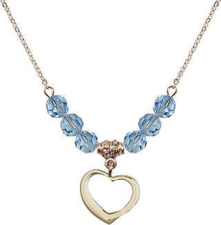 18" Hamilton Gold Plated Necklace with 4mm Aqua Crystal Beads featuring a 14kt Gold Filled Heart Medal.