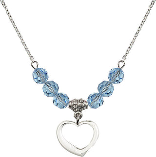 18" Rhodium Plated Necklace with 4mm Aqua Crystal Beads featuring a Sterling Silver Heart Medal.