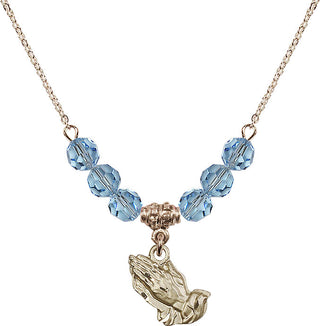 18" Hamilton Gold Plated Necklace with 4mm Aqua Crystal Beads featuring a 14kt Gold Filled Praying Hands Medal.