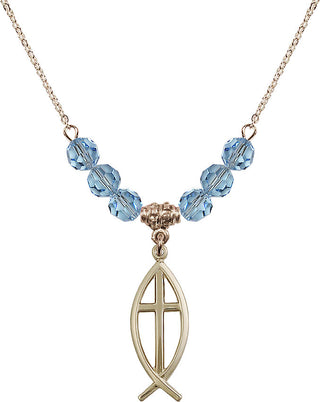 18" Hamilton Gold Plated Necklace with 4mm Aqua Crystal Beads featuring a 14kt Gold Filled Fish / Cross Medal.