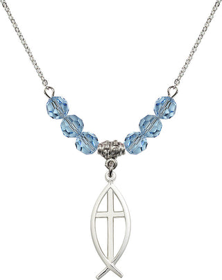 18" Rhodium Plated Necklace with 4mm Aqua Crystal Beads featuring a Sterling Silver Fish / Cross Medal.