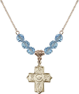 18" Hamilton Gold Plated Necklace with 4mm Aqua Crystal Beads featuring a 14kt Gold Filled 5-Way Medal.