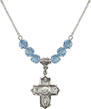 18" Rhodium Plated Necklace with 4mm Aqua Crystal Beads featuring a Sterling Silver 5-Way Medal.