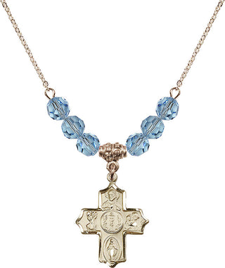 18" Hamilton Gold Plated Necklace with 4mm Aqua Crystal Beads featuring a 14kt Gold Filled 4-Way Medal.