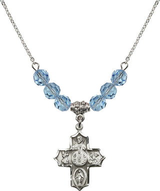 18" Rhodium Plated Necklace with 4mm Aqua Crystal Beads featuring a Sterling Silver 4-Way Medal.