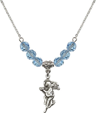 18" Rhodium Plated Necklace with 4mm Aqua Crystal Beads featuring a Sterling Silver Guardian Angel Medal.