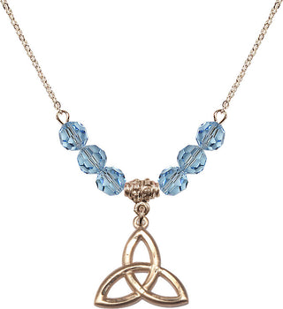 18" Hamilton Gold Plated Necklace with 4mm Aqua Crystal Beads featuring a 14kt Gold Filled Trinity Irish Knot Medal.
