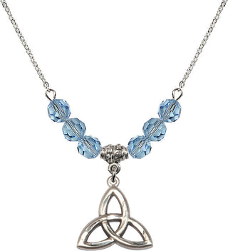 18" Rhodium Plated Necklace with 4mm Aqua Crystal Beads featuring a Sterling Silver Trinity Irish Knot Medal.