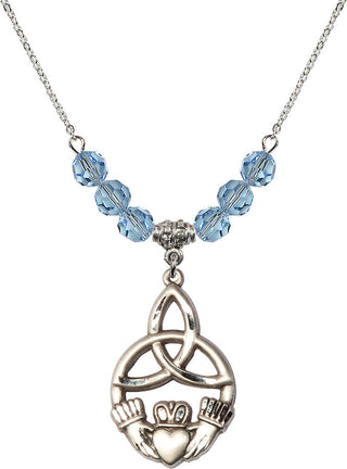 18" Rhodium Plated Necklace with 4mm Aqua Crystal Beads featuring a Sterling Silver Irish Knot / Claddagh Medal.