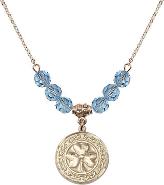 18" Hamilton Gold Plated Necklace with 4mm Aqua Crystal Beads featuring a 14kt Gold Filled Shamrock with Celtic Border Medal.