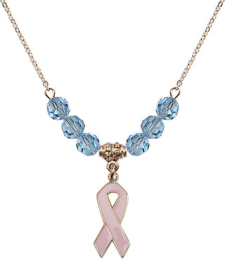 18" Hamilton Gold Plated Necklace with 4mm Aqua Crystal Beads featuring a 14kt Gold Filled Cancer Awareness Medal.