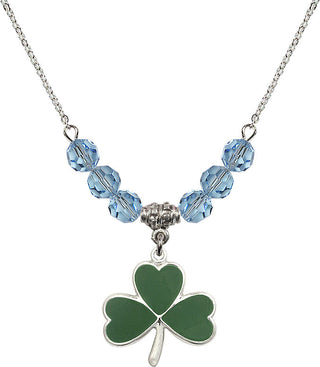 18" Rhodium Plated Necklace with 4mm Aqua Crystal Beads featuring a Sterling Silver Shamrock Medal.