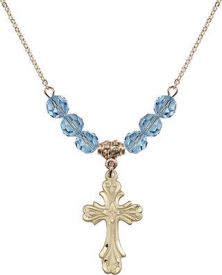 18" Hamilton Gold Plated Necklace with 4mm Aqua Crystal Beads featuring a 14kt Gold Filled Cross Medal.