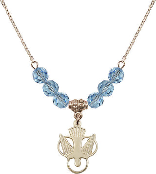 18" Hamilton Gold Plated Necklace with 4mm Aqua Crystal Beads featuring a 14kt Gold Filled Holy Spirit Medal.