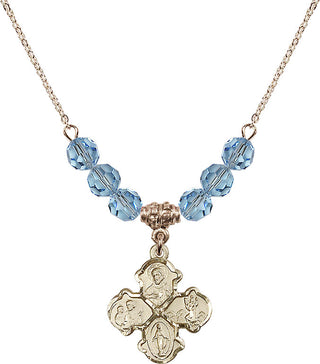 18" Hamilton Gold Plated Necklace with 4mm Aqua Crystal Beads featuring a 14kt Gold Filled 4-Way Medal.