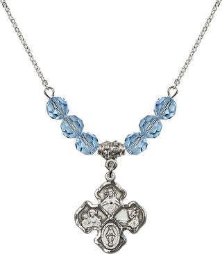 18" Rhodium Plated Necklace with 4mm Aqua Crystal Beads featuring a Sterling Silver 4-Way Medal.