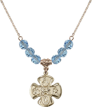 18" Hamilton Gold Plated Necklace with 4mm Aqua Crystal Beads featuring a 14kt Gold Filled 5-Way Medal.