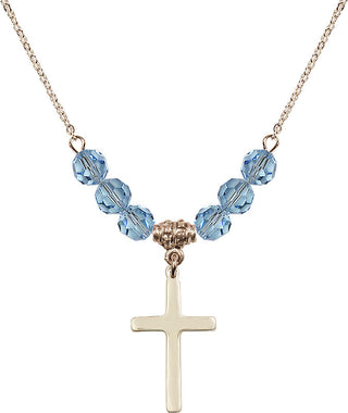18" Hamilton Gold Plated Necklace with 4mm Aqua Crystal Beads featuring a 14kt Gold Filled Cross Medal.