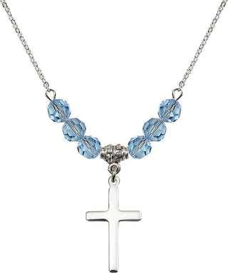 18" Rhodium Plated Necklace with 4mm Aqua Crystal Beads featuring a Sterling Silver Cross Medal.