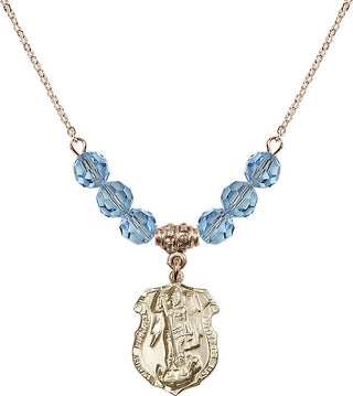 18" Hamilton Gold Plated Necklace with 4mm Aqua Crystal Beads featuring a 14kt Gold Filled Saint Michael the Archangel Medal. Engraved Catholic Saint Jewelry