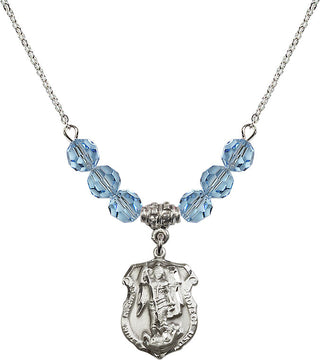 18" Rhodium Plated Necklace with 4mm Aqua Crystal Beads featuring a Sterling Silver Saint Michael the Archangel Medal. Engraved Catholic Saint Jewelry
