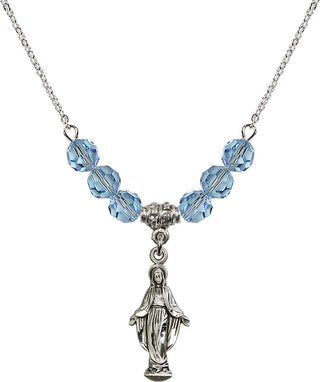 18" Rhodium Plated Necklace with 4mm Aqua Crystal Beads featuring a Sterling Silver Miraculous Medal.