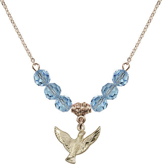 18" Hamilton Gold Plated Necklace with 4mm Aqua Crystal Beads featuring a 14kt Gold Filled Holy Spirit Medal.