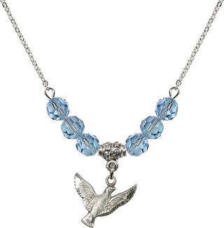 18" Rhodium Plated Necklace with 4mm Aqua Crystal Beads featuring a Sterling Silver Holy Spirit Medal.