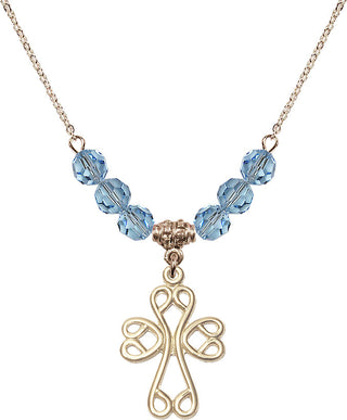 18" Hamilton Gold Plated Necklace with 4mm Aqua Crystal Beads featuring a 14kt Gold Filled Scroll Cross Medal.