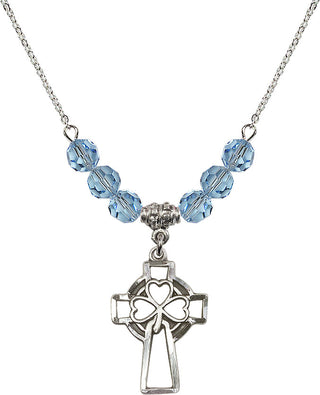 18" Rhodium Plated Necklace with 4mm Aqua Crystal Beads featuring a Sterling Silver Shamrock Cross Medal.