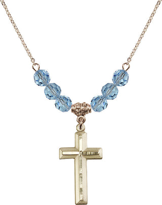 18" Hamilton Gold Plated Necklace with 4mm Aqua Crystal Beads featuring a 14kt Gold Filled Cross Medal. Engraved Catholic Saint Jewelry