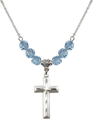 18" Rhodium Plated Necklace with 4mm Aqua Crystal Beads featuring a Sterling Silver Cross Medal. Engraved Catholic Saint Jewelry