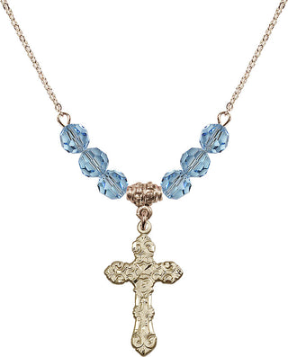 18" Hamilton Gold Plated Necklace with 4mm Aqua Crystal Beads featuring a 14kt Gold Filled Cross Medal. Engraved Catholic Saint Jewelry
