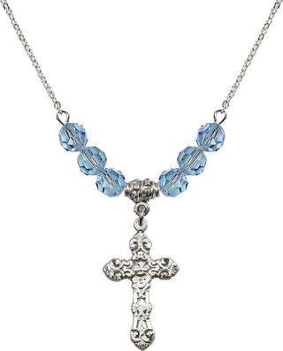18" Rhodium Plated Necklace with 4mm Aqua Crystal Beads featuring a Sterling Silver Cross Medal. Engraved Catholic Saint Jewelry