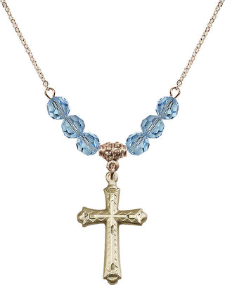 18" Hamilton Gold Plated Necklace with 4mm Aqua Crystal Beads featuring a 14kt Gold Filled Cross Medal. Engraved Catholic Saint Jewelry