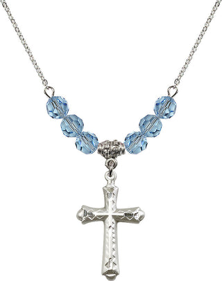 18" Rhodium Plated Necklace with 4mm Aqua Crystal Beads featuring a Sterling Silver Cross Medal. Engraved Catholic Saint Jewelry
