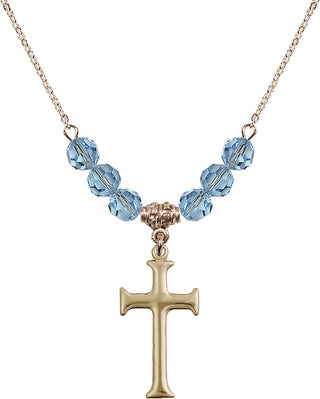 18" Hamilton Gold Plated Necklace with 4mm Aqua Crystal Beads featuring a 14kt Gold Filled Cross Medal. Engraved Catholic Saint Jewelry