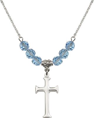 18" Rhodium Plated Necklace with 4mm Aqua Crystal Beads featuring a Sterling Silver Cross Medal. Engraved Catholic Saint Jewelry