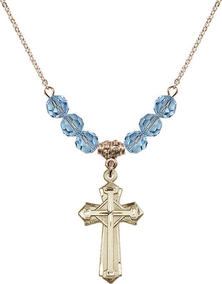 18" Hamilton Gold Plated Necklace with 4mm Aqua Crystal Beads featuring a 14kt Gold Filled Cross Medal. Engraved Catholic Saint Jewelry