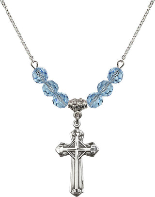 18" Rhodium Plated Necklace with 4mm Aqua Crystal Beads featuring a Sterling Silver Cross Medal. Engraved Catholic Saint Jewelry