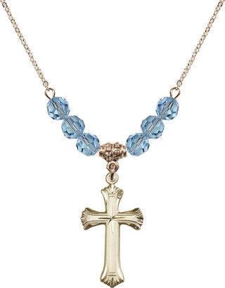 18" Hamilton Gold Plated Necklace with 4mm Aqua Crystal Beads featuring a 14kt Gold Filled Cross Medal. Engraved Catholic Saint Jewelry