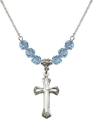 18" Rhodium Plated Necklace with 4mm Aqua Crystal Beads featuring a Sterling Silver Cross Medal. Engraved Catholic Saint Jewelry