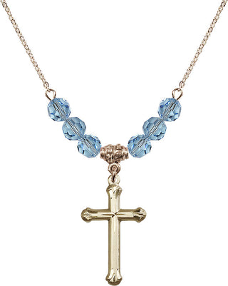 18" Hamilton Gold Plated Necklace with 4mm Aqua Crystal Beads featuring a 14kt Gold Filled Cross Medal. Engraved Catholic Saint Jewelry