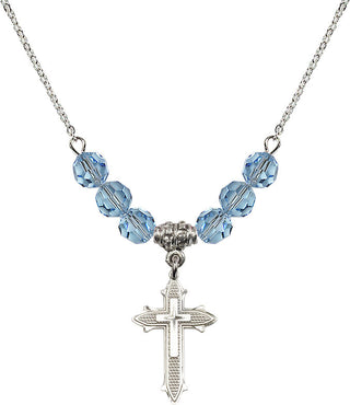 18" Rhodium Plated Necklace with 4mm Aqua Crystal Beads featuring a Sterling Silver Cross on Cross Medal. Engraved Catholic Saint Jewelry
