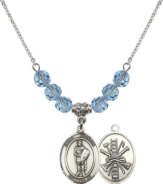 18" Rhodium Plated Necklace with 4mm Aqua Crystal Beads featuring a Sterling Silver Saint Florian/Firefighter Medal.