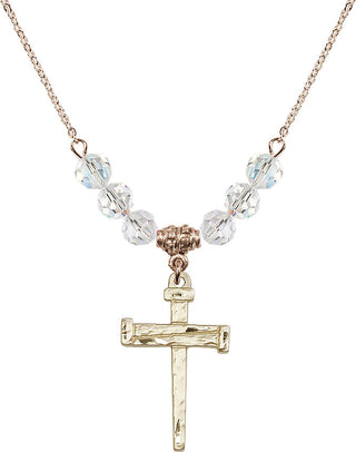 18" Hamilton Gold Plated Necklace with 4mm Crystal Beads featuring a 14kt Gold Filled Nail Cross Medal.