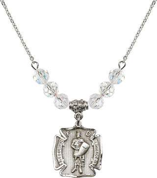 18" Rhodium Plated Necklace with 4mm Crystal Beads featuring a Sterling Silver Saint Florian Medal. Engraved Catholic Saint Jewelry