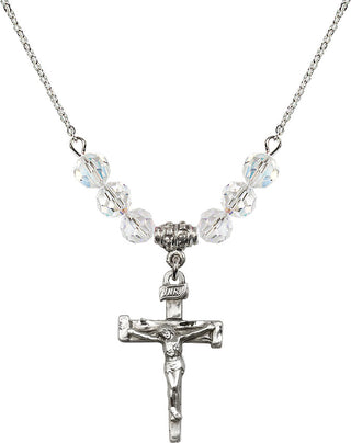 18" Rhodium Plated Necklace with 4mm Crystal Beads featuring a Sterling Silver Nail Crucifix Medal.
